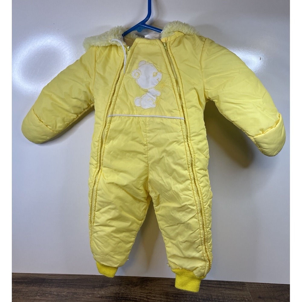 Vintage Yellow Snowsuit Hooded Footie Mitten Full Zip Bear Cub 18 Months